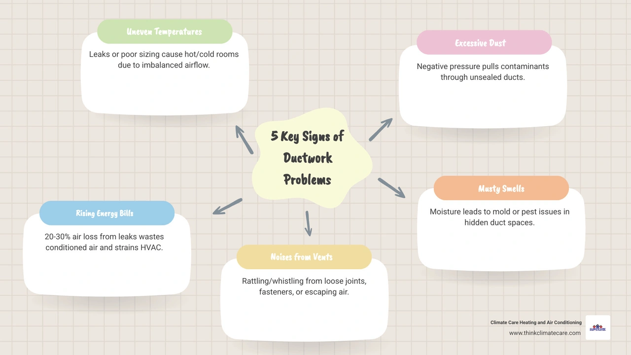 Infographic showing 7 common ductwork problems, their warning signs, and solutions for homeowners infographic