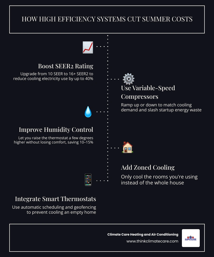 infographic showing how high efficiency HVAC systems reduce summer cooling costs with SEER ratings and savings percentages infographic showing how high efficiency HVAC systems reduce summer cooling costs with SEER ratings and savings percentages