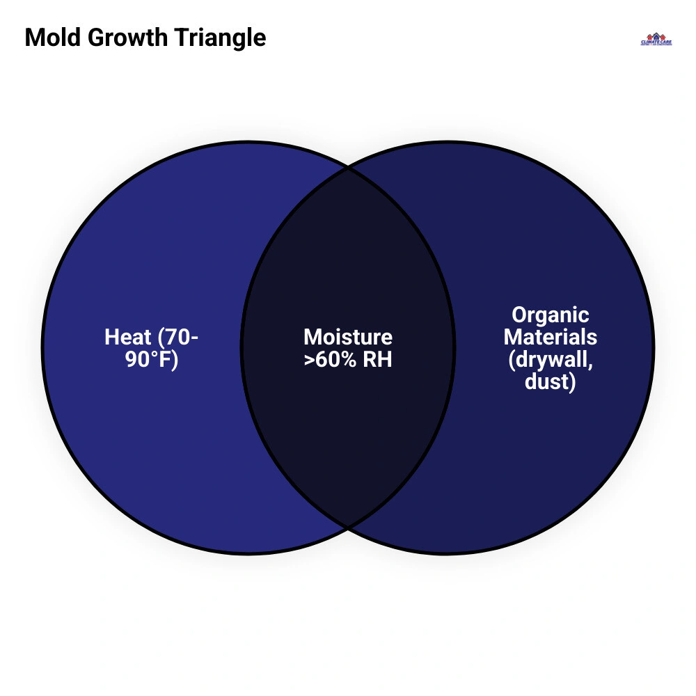 Infographic showing the mold growth triangle: heat 70-90°F, moisture above 60% RH, and organic material like drywall or Infographic showing the mold growth triangle: heat 70-90°F, moisture above 60% RH, and organic material like drywall or