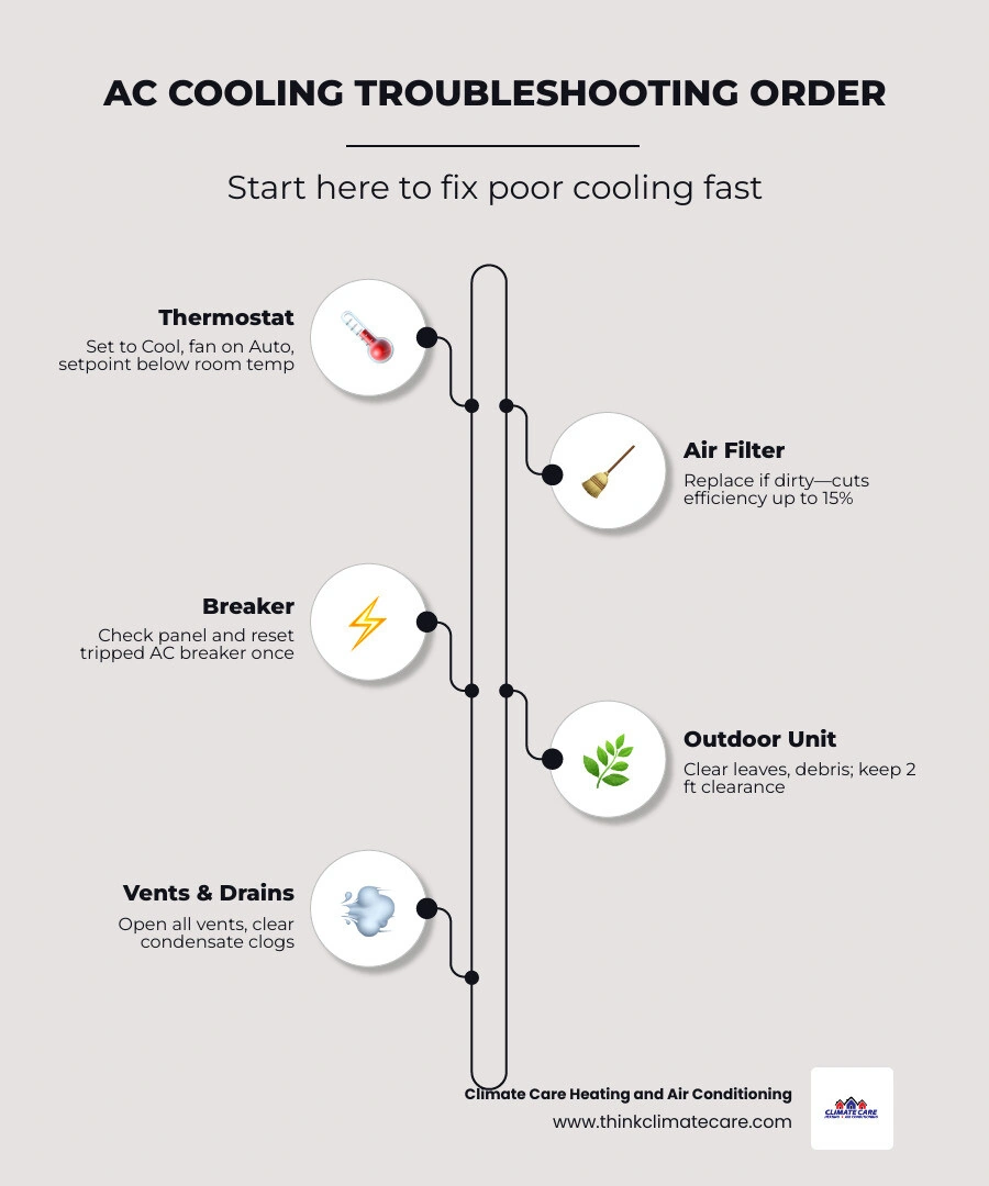 AC troubleshooting checklist infographic showing step-by-step order from thermostat to outdoor unit infographic AC troubleshooting checklist infographic showing step-by-step order from thermostat to outdoor unit infographic