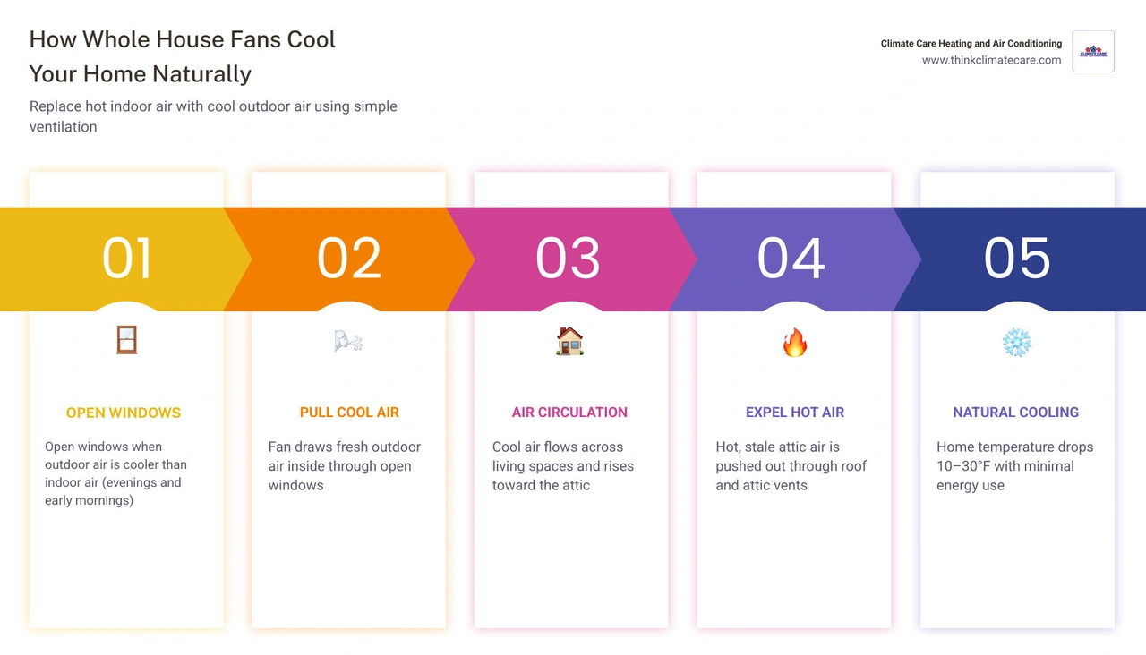 Infographic showing 5 steps of how whole house fans cool a home naturally with airflow path diagram infographic