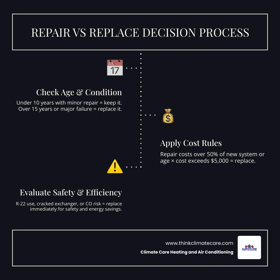 HVAC repair vs replace decision matrix infographic with age thresholds, cost rules, and key warning signs infographic