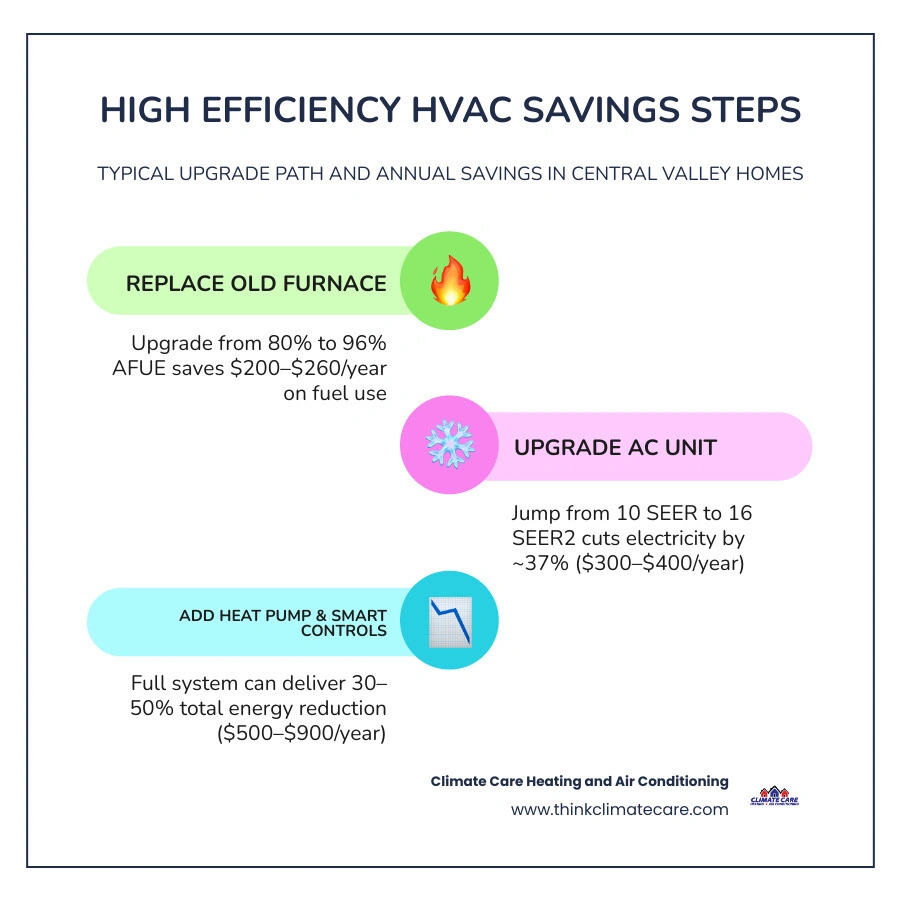 Infographic comparing standard vs high-efficiency HVAC annual energy savings by system type infographic