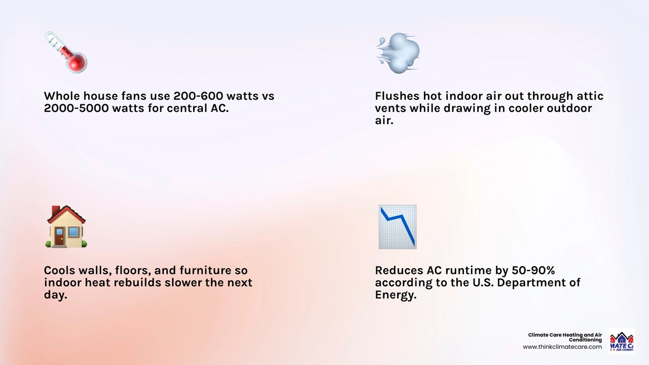 Infographic showing how a whole house fan exchanges hot indoor air with cool outdoor air to reduce AC workload infographic Infographic showing how a whole house fan exchanges hot indoor air with cool outdoor air to reduce AC workload infographic