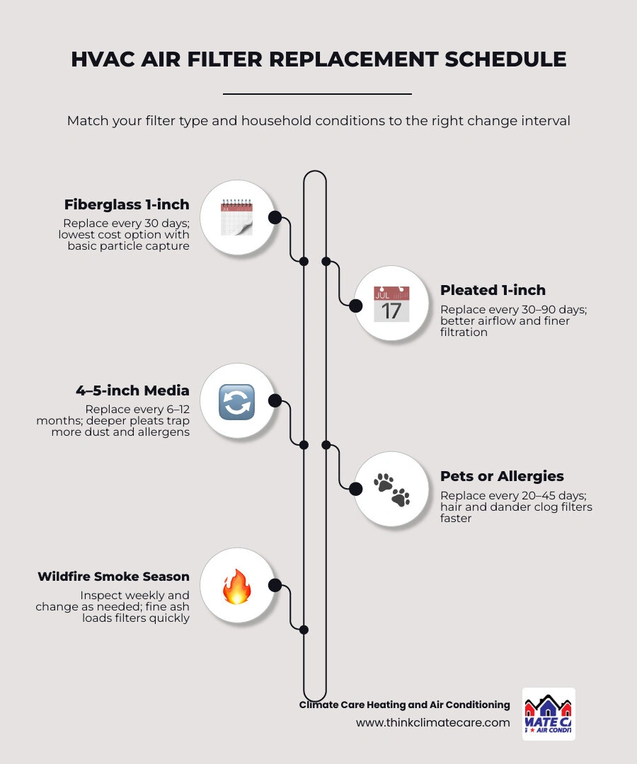 Infographic showing HVAC air filter replacement schedule by filter type and household condition infographic Infographic showing HVAC air filter replacement schedule by filter type and household condition infographic