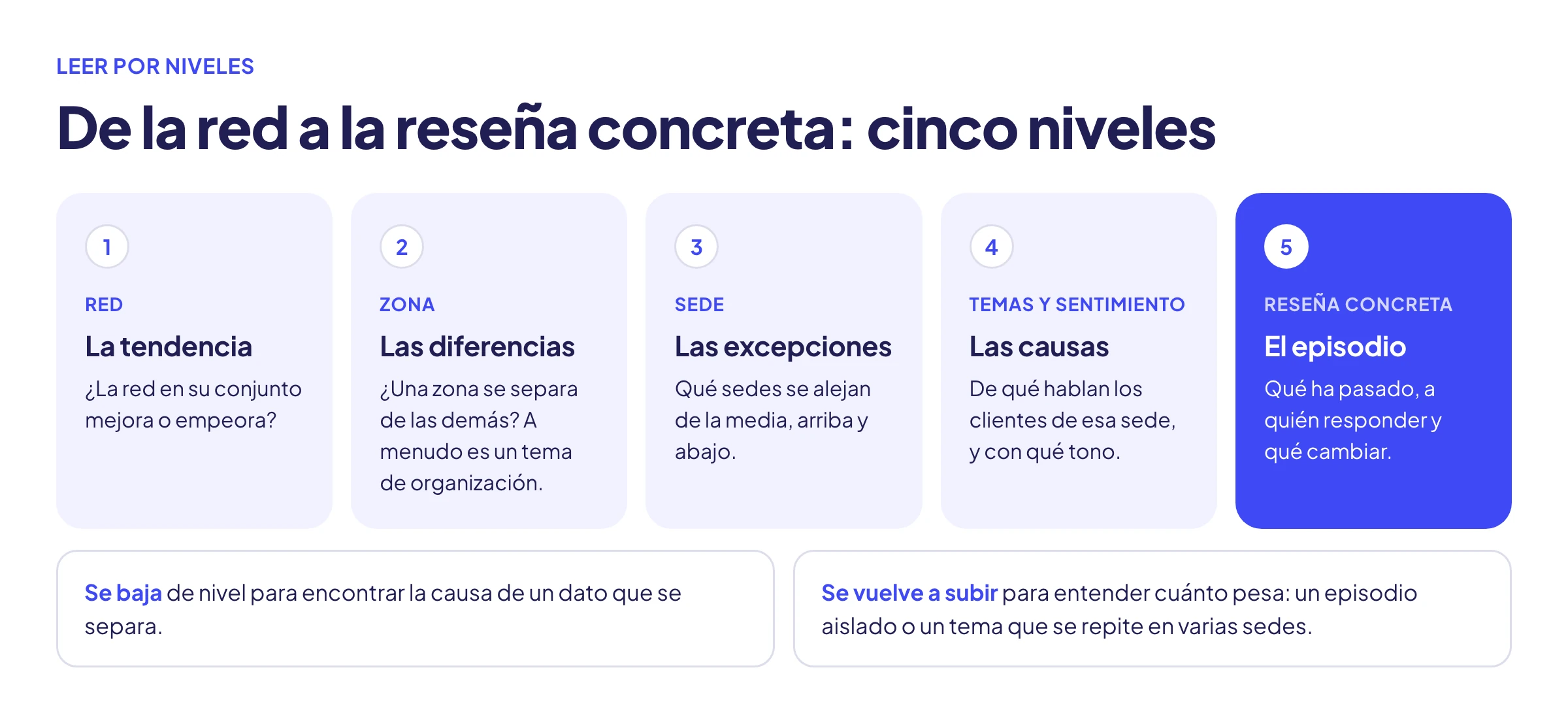 Esquema de los cinco niveles de lectura: red, zona, sede, temas y sentimiento, reseña concreta.