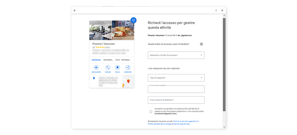 modulo richiesta accesso gestione attività su Google Business Profile