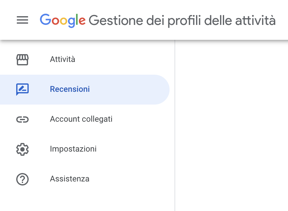 Schermata gestione profili attività con focus sul pulsante “Recensioni”