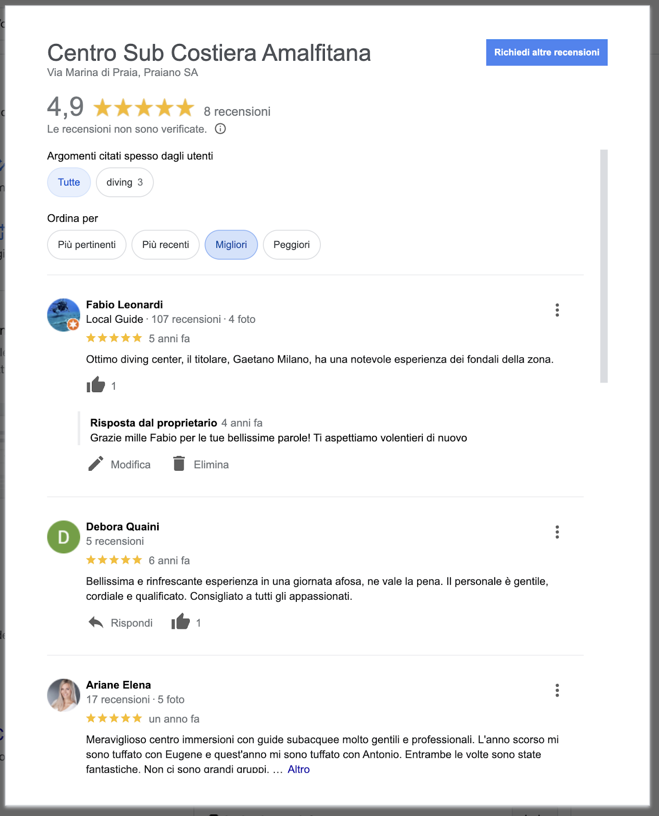 Attività Google con elenco recensioni.