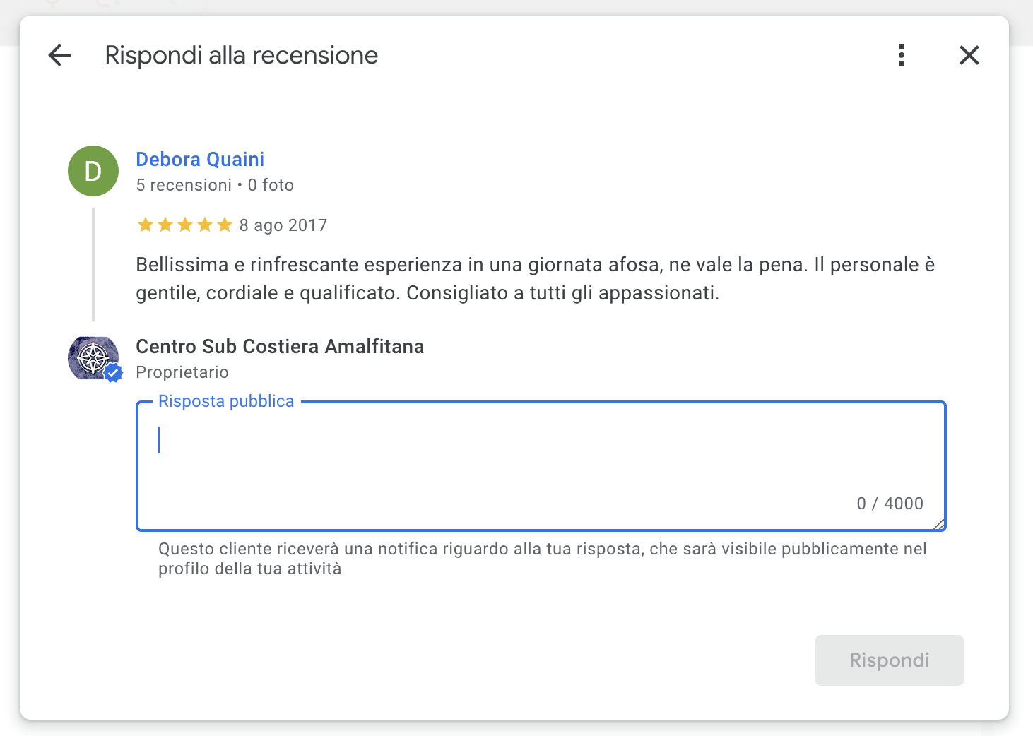 Schermata di risposta alle recensioni su Google Business Profile