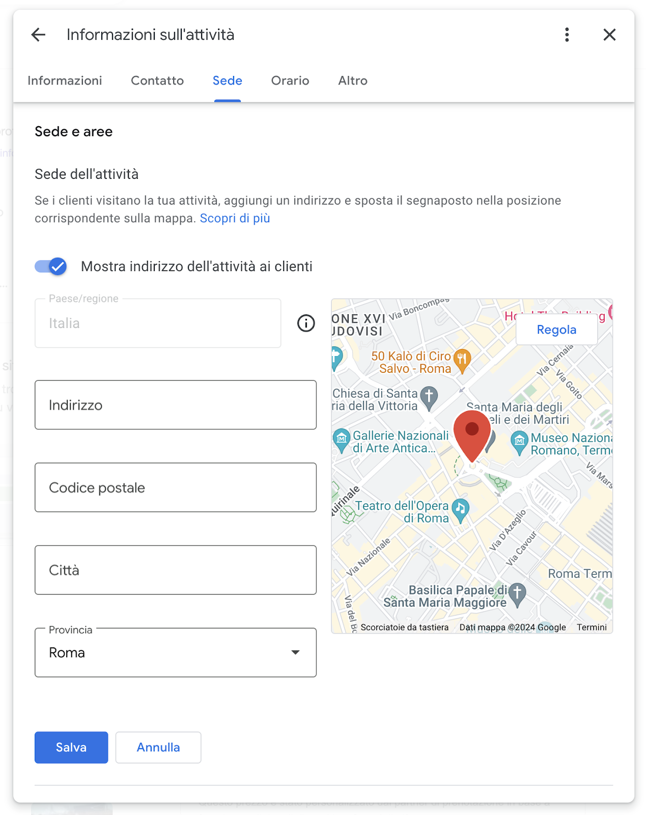Schermata Modifica Informazioni Sede” di Google Business Profile
