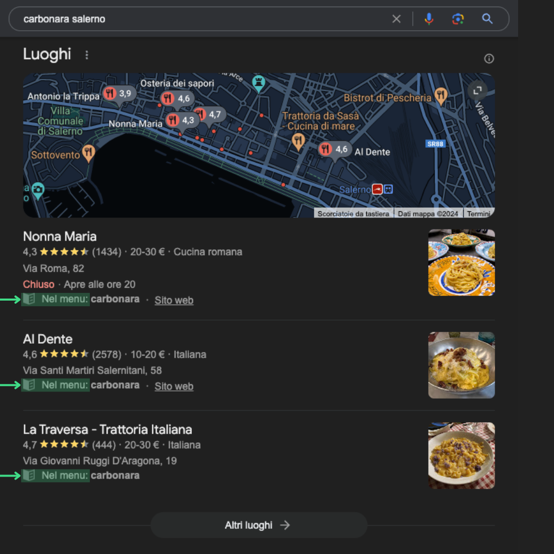 esempio justification nel menu google business profile