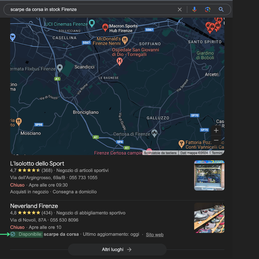 esempio justification disponibilità in negozio google business profile