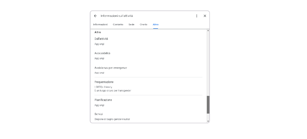 Schermata settings informazioni attività, sezione altro, Google Business Profile