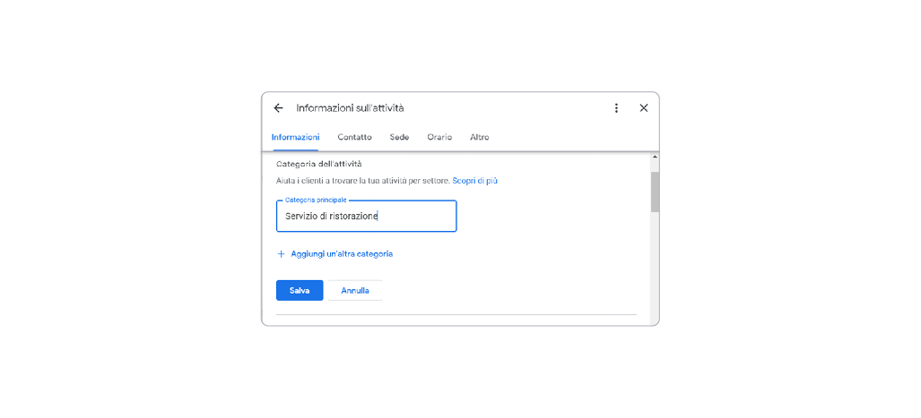 Schermata settings informazioni attività Google Business Profile