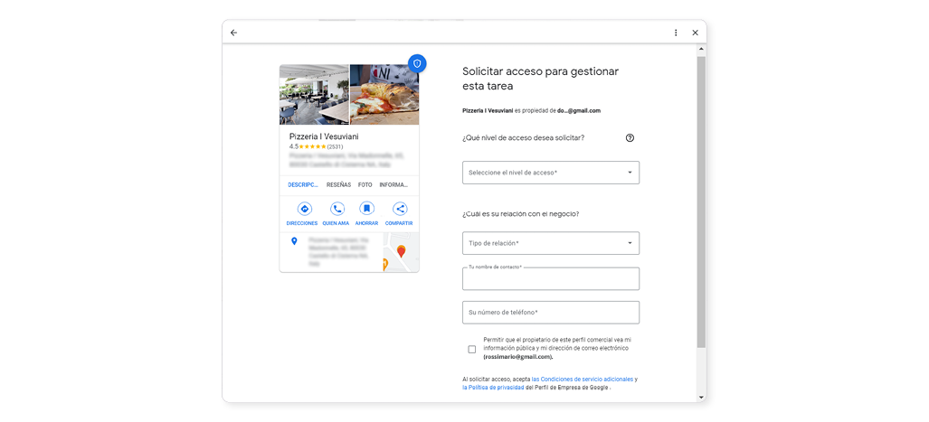 Formulario de solicitud de acceso de gestión de tareas en Google Business Profile