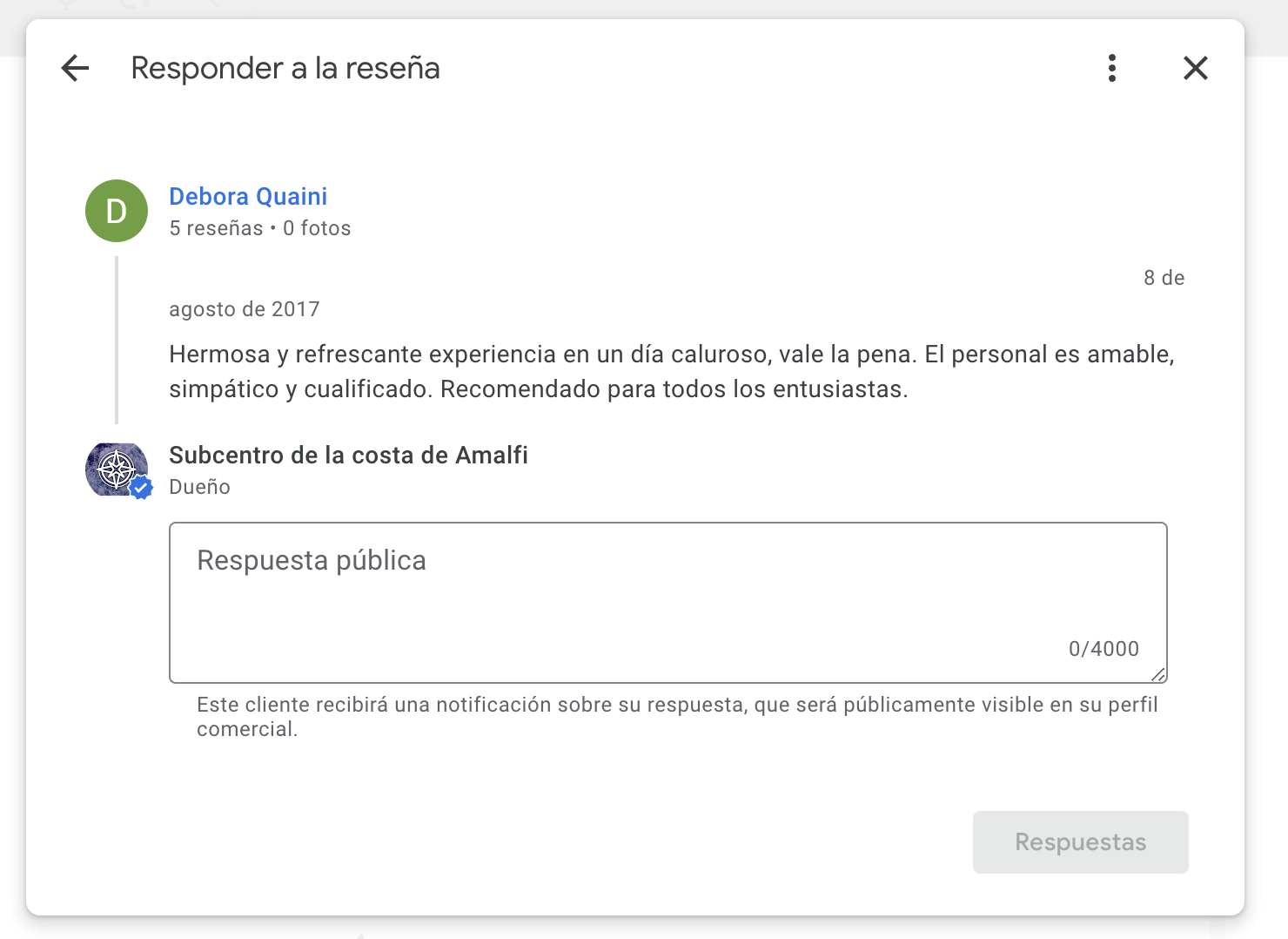 Pantalla de respuesta a las reseñas en Google Business Profile.