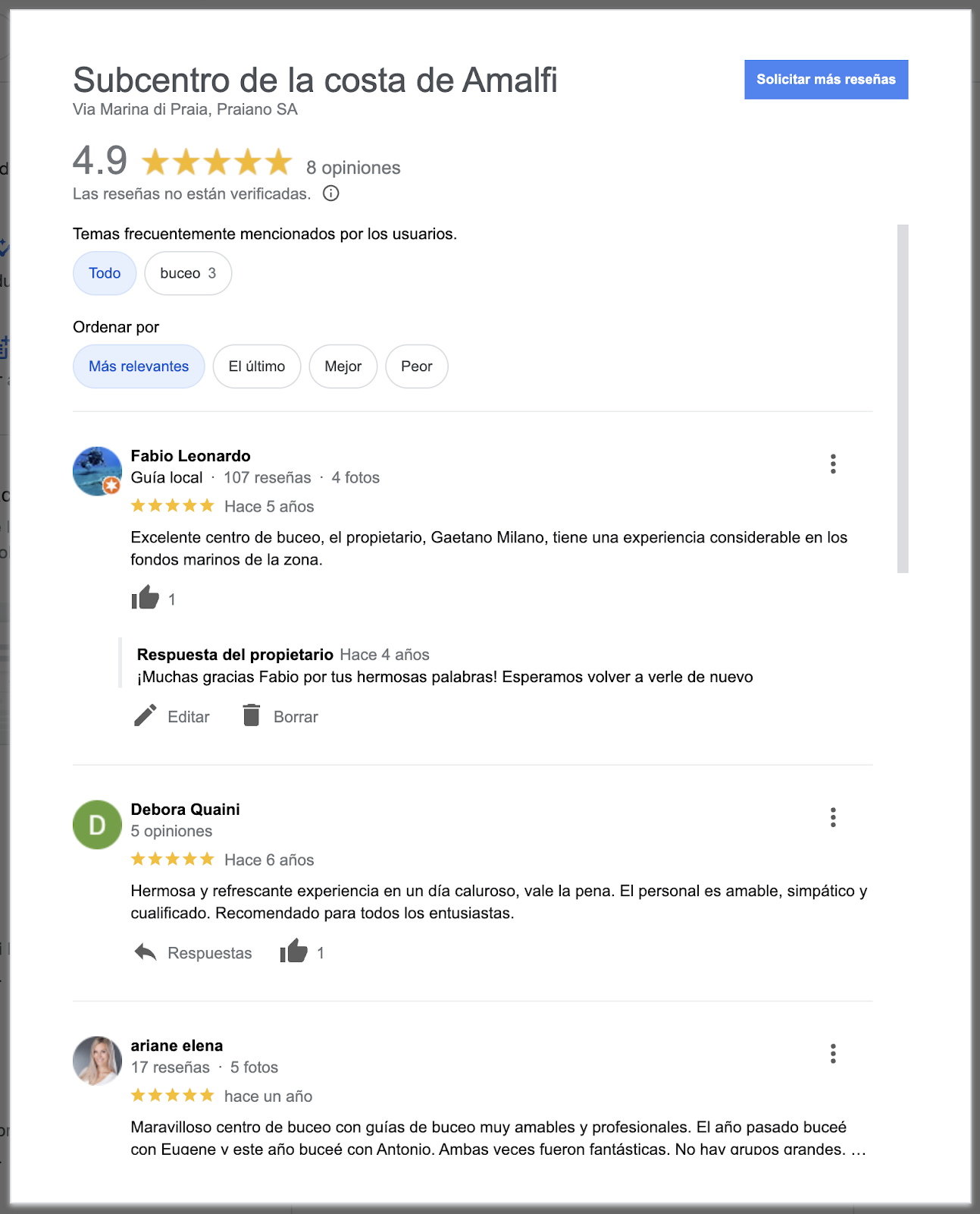 Pantalla de Actividad de Google con lista de reseñas.