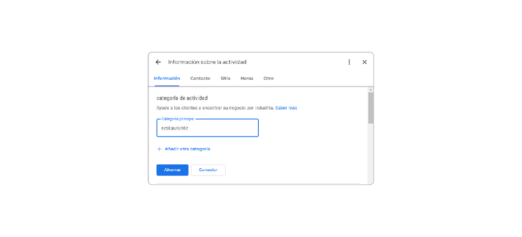 Pantalla de configuración de información de la actividad Google Business Profile