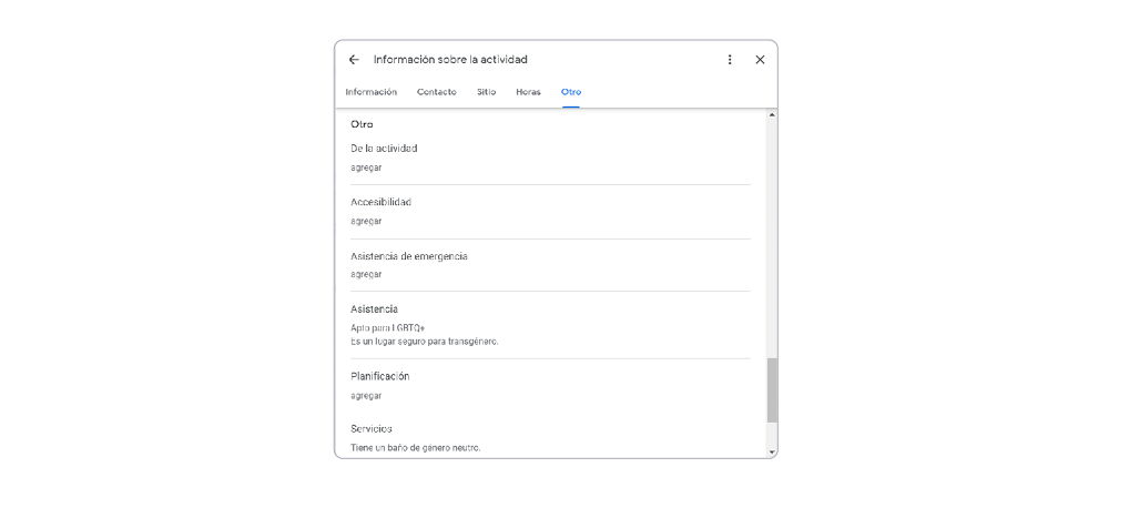 Pantalla de configuración de información de la tarea, sección más, Google Business Profile