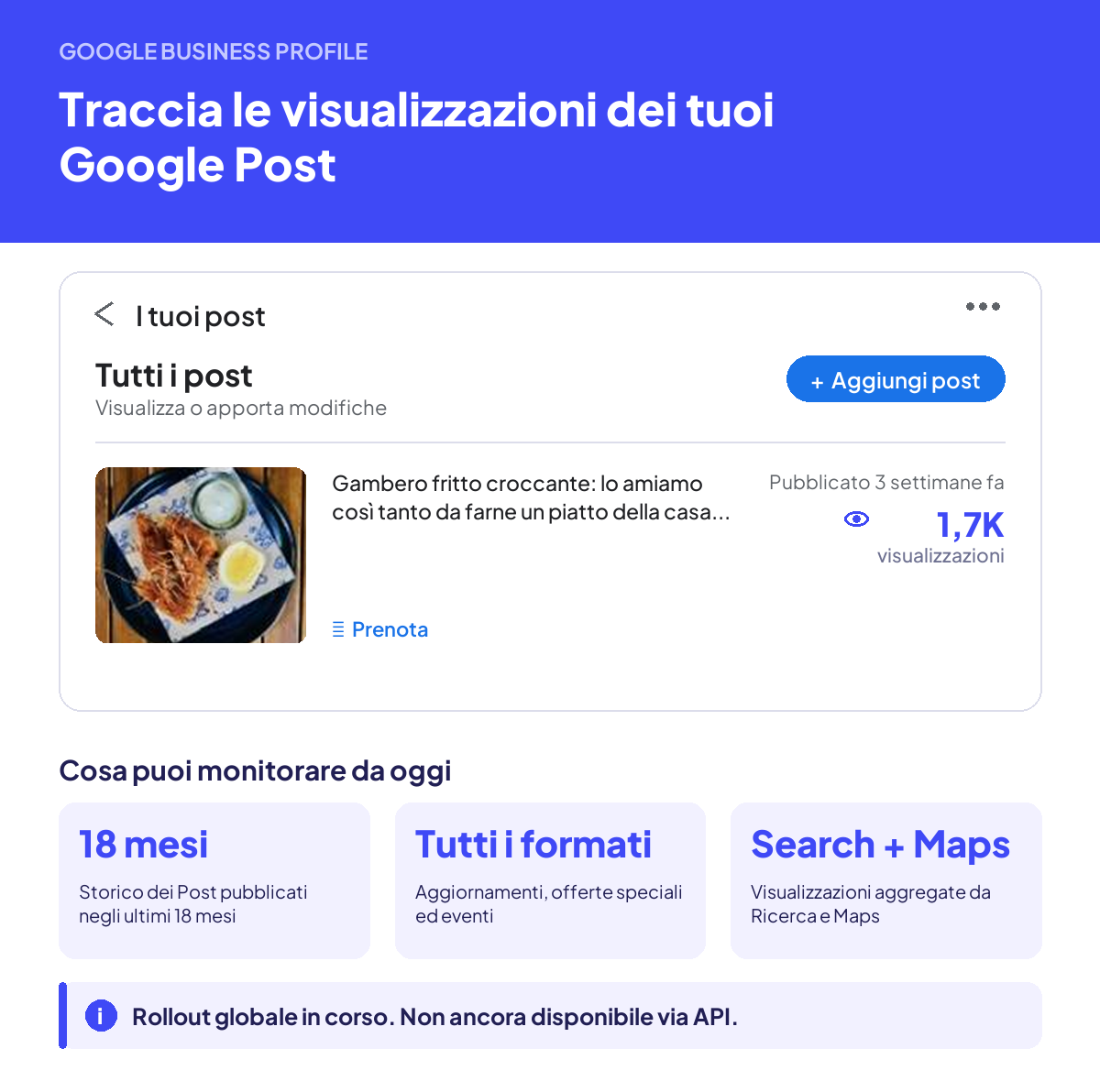Interfaccia di Google Business Profile con il nuovo conteggio delle visualizzazioni su un Post pubblicato