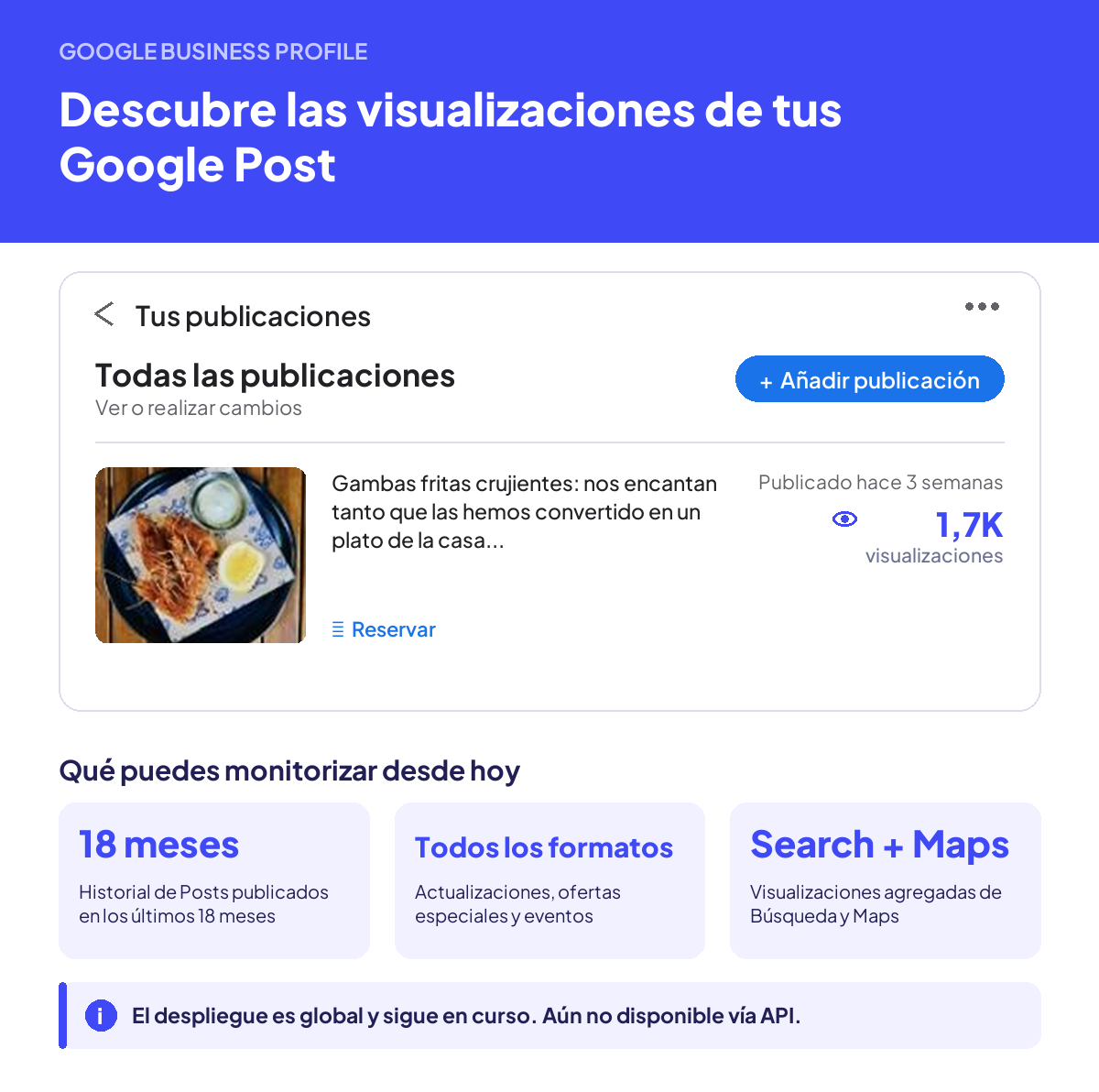 Interfaz de Google Business Profile con el nuevo contador de visualizaciones en un Post publicado