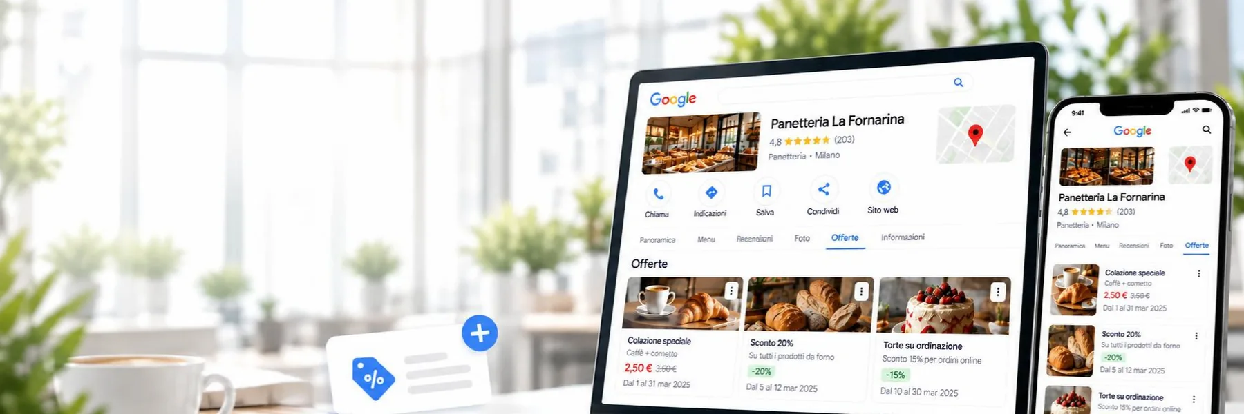 Copertina dell'articolo «Offerte nella scheda Google: come pubblicarle»: la scheda Google di un'attività su computer e smartphone