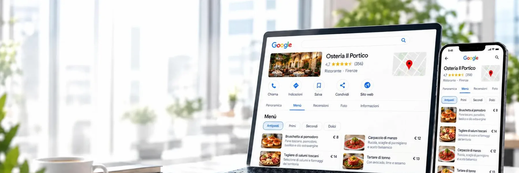 Copertina dell'articolo «Menù nella scheda Google: come inserirlo e aggiornarlo»: la scheda Google di un'attività su computer e smartphone