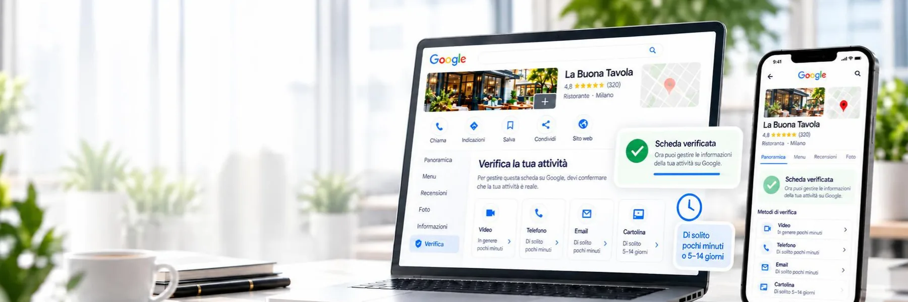 Copertina dell'articolo «Verifica della scheda Google: metodi, tempi ed errori»: la scheda Google di un'attività su computer e smartphone
