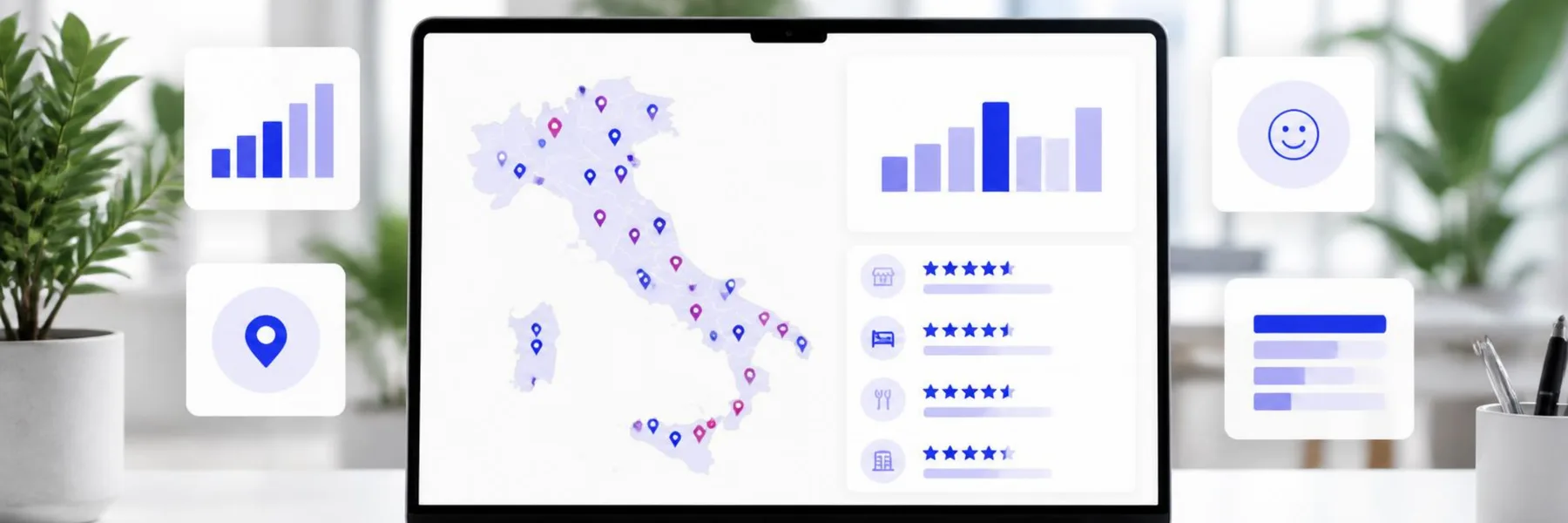 Dashboard con la mappa delle sedi in Italia, voti e grafici: local intelligence per brand multisede