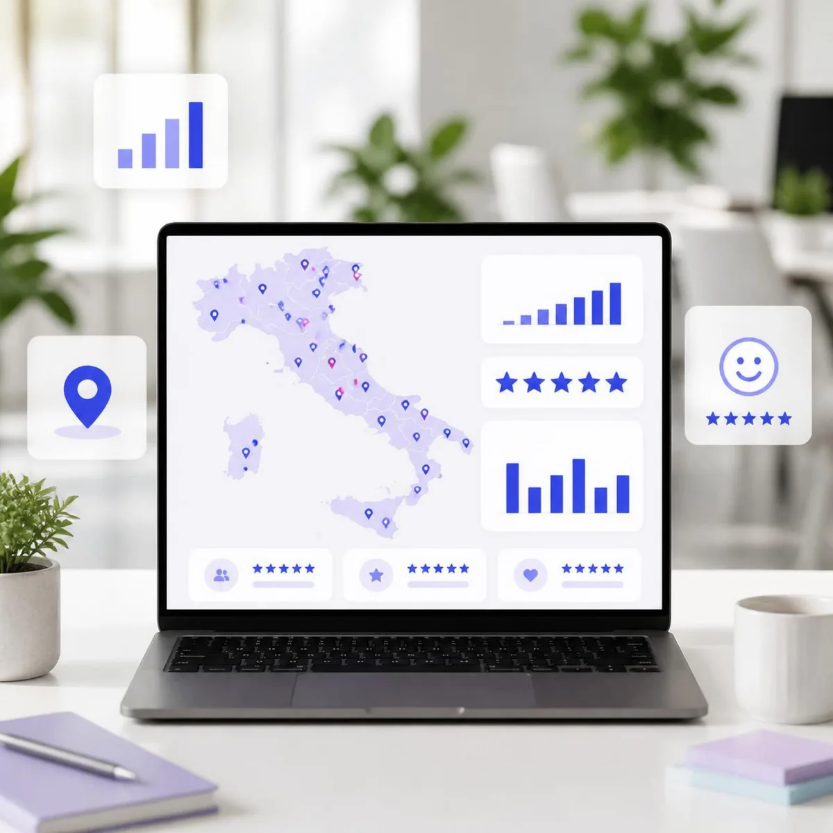Dashboard con la mappa delle sedi in Italia, voti e grafici: local intelligence per brand multisede