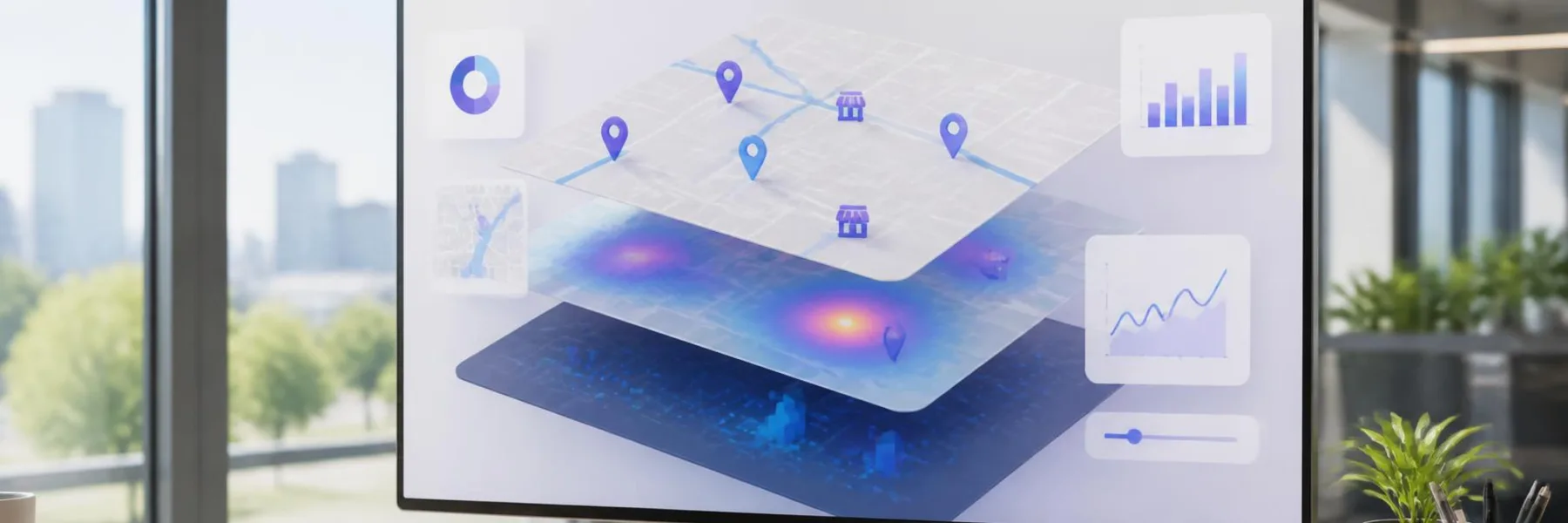 Monitor con mappe a livelli, sedi e zone: Local intelligence, location intelligence e geomarketing
