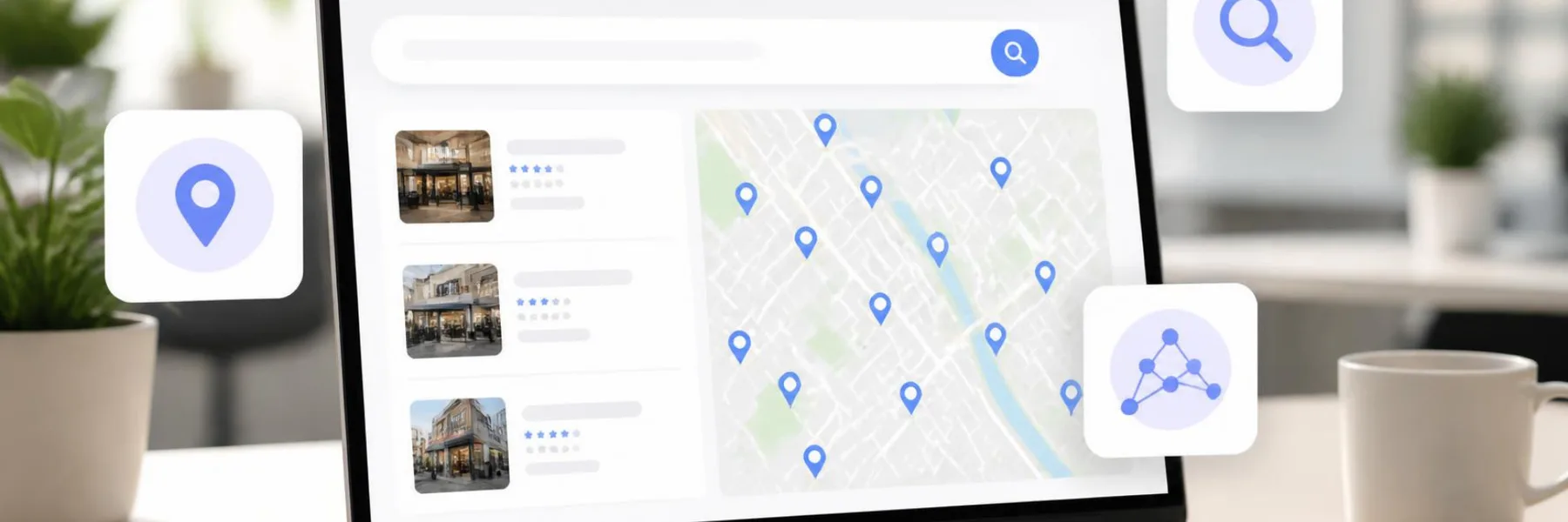 Portatile con i risultati di una ricerca locale e una mappa piena di pin delle sedi di una rete in città