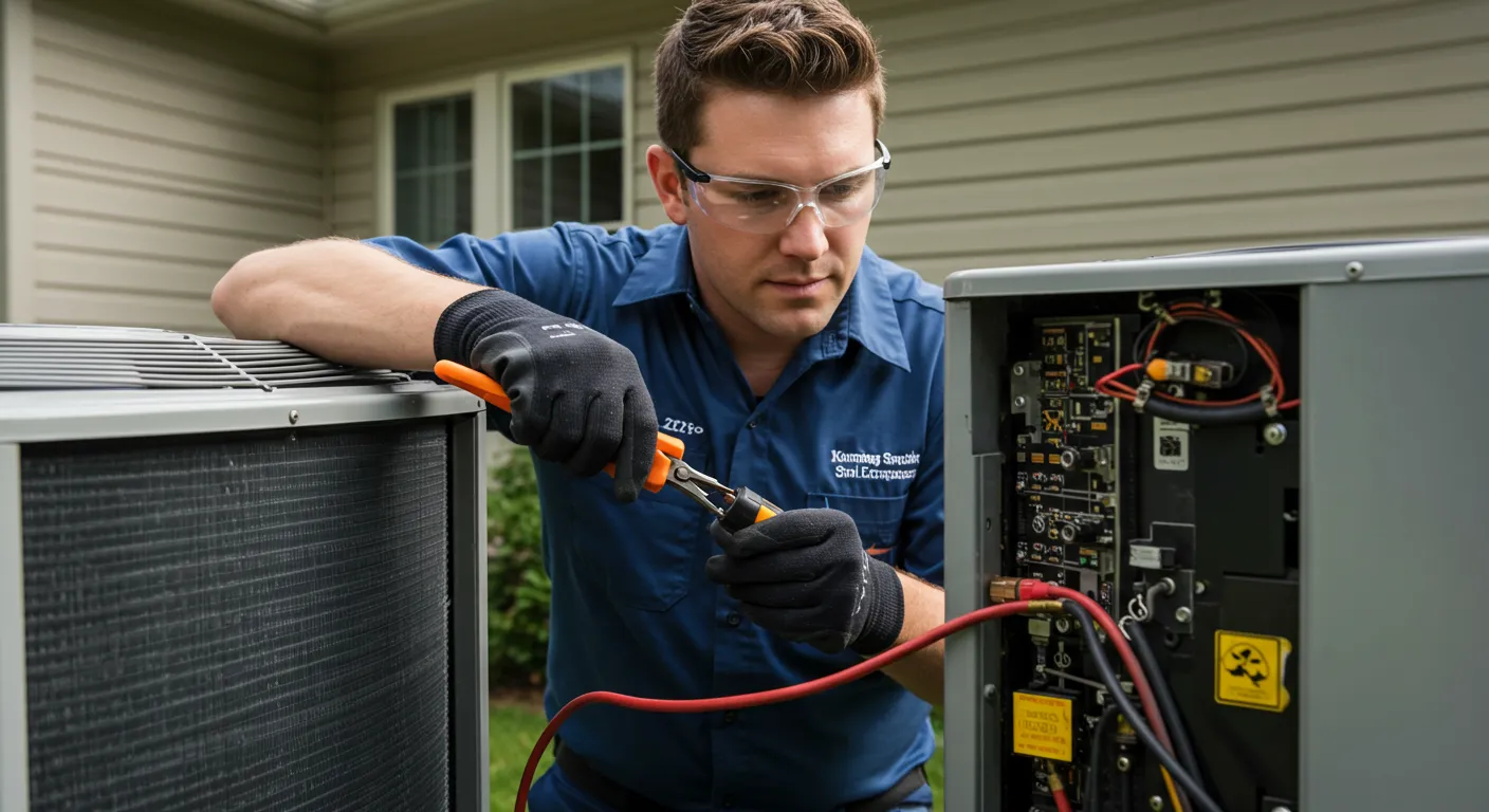 Technician in blue using orange tool to repair outdoor AC unit with exposed wiring, beside beige house siding