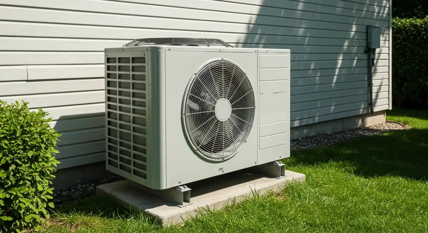A white heat pump unit is positioned on a concrete slab in a green yard next to a house with white siding and green bushes.