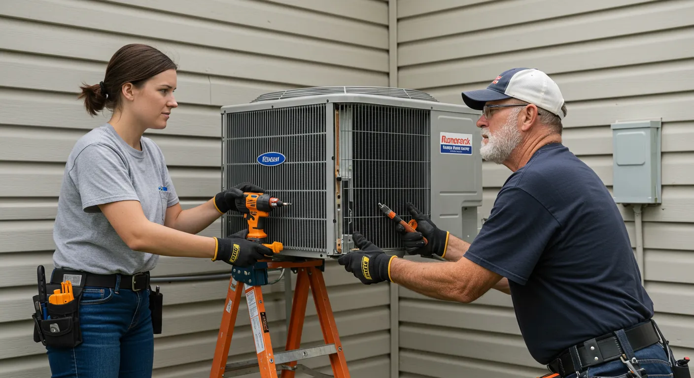 A male and female technician team works together to install a residential outdoor AC unit, with the unit resting on a small ladder.