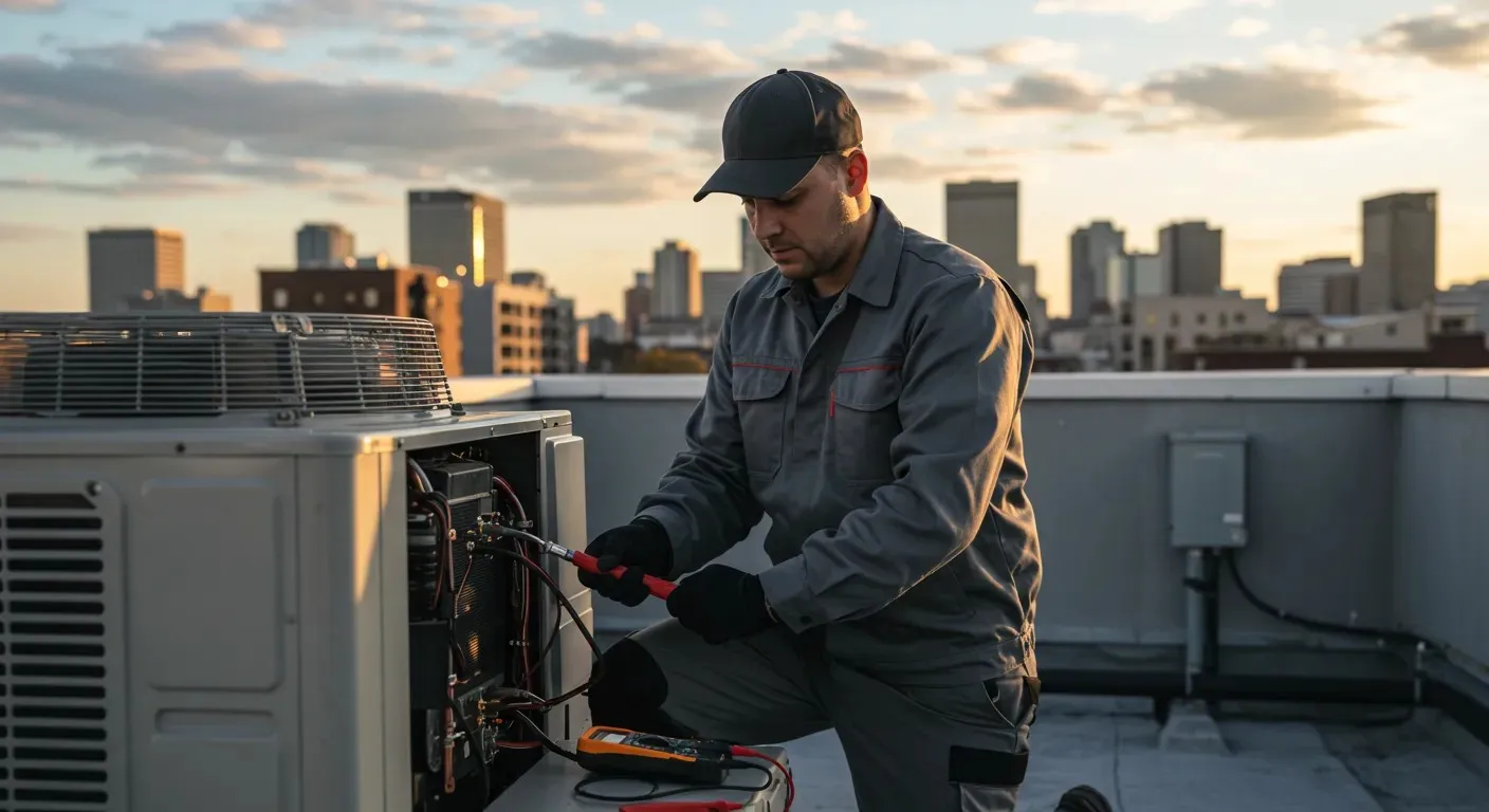 A rooftop technician in gray uniform and a baseball cap kneels to work on a commercial HVAC unit against a city skyline at sunset.