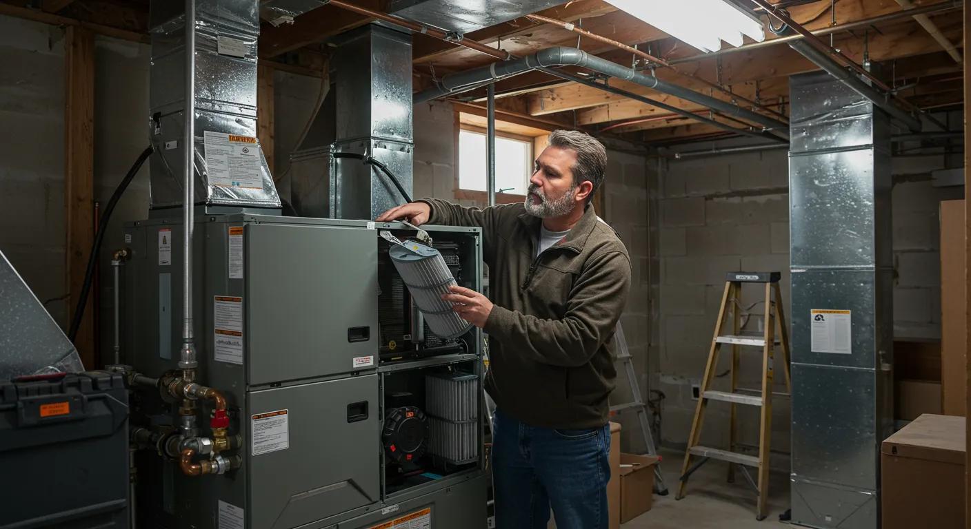Homeowner performing DIY HVAC maintenance tasks, highlighting proactive winter care