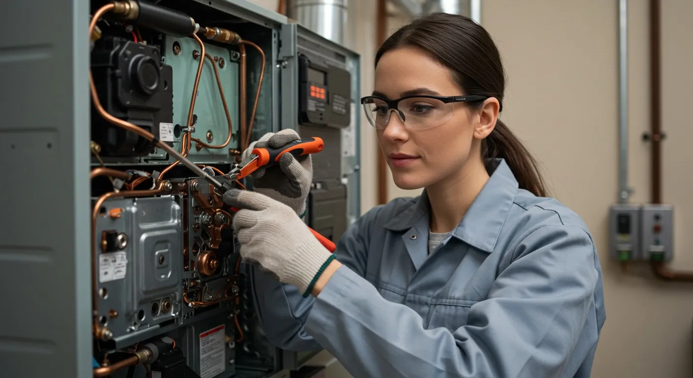 Technician performing precision internal furnace repairs.