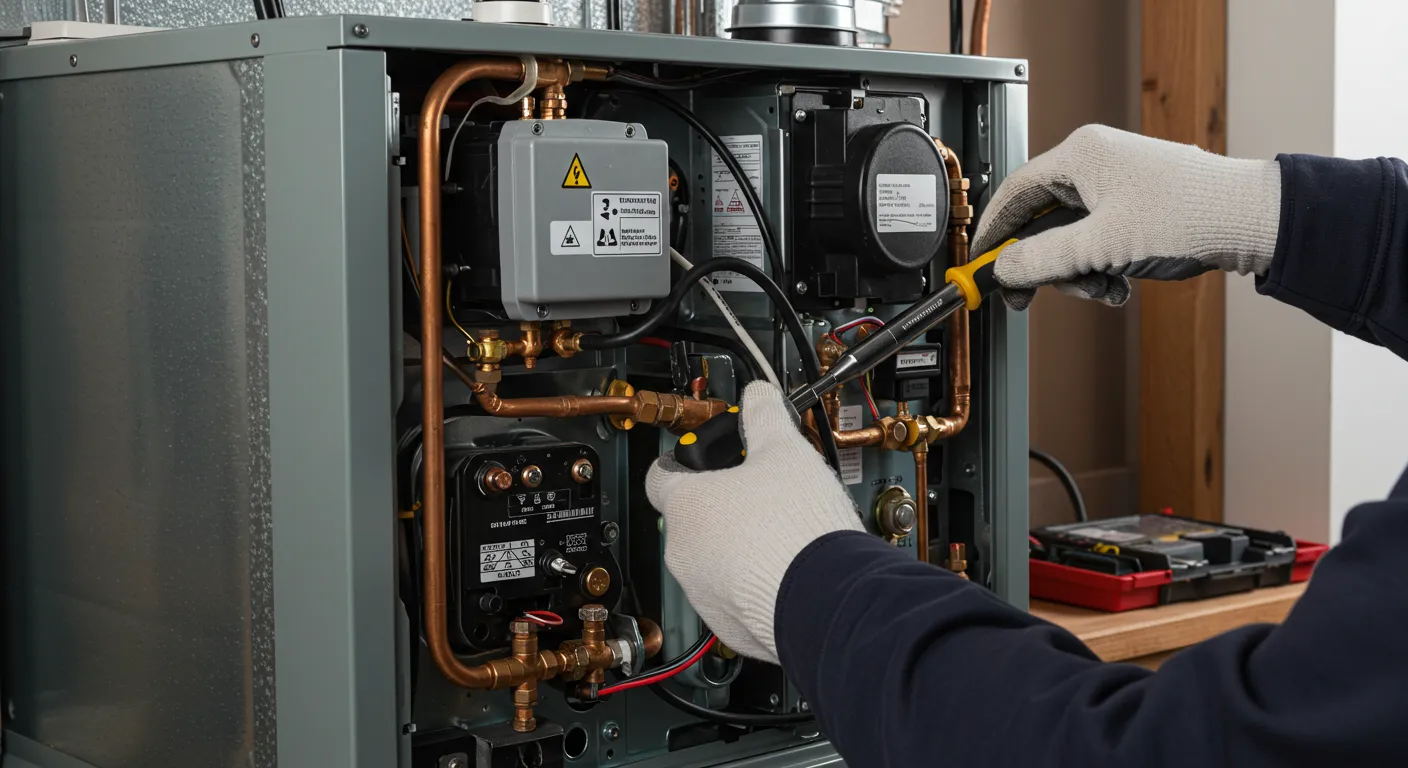 A technician wearing white and gray gloves uses two small tools to work on the internal wiring and copper pipes of a furnace.