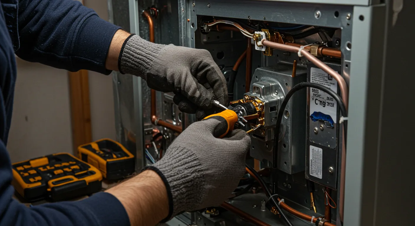 A close-up shot of a technician's gloved hands using a screwdriver to tighten a nut on the copper piping of a furnace.
