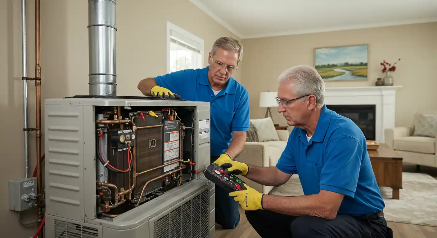Two male technicians in blue polo shirts and yellow work gloves are inspecting the interior of an HVAC unit inside a living room. One technician kneels and operates a handheld diagnostic device with a digital display, while the other stands slightly behind him, looking closely at the unit's internal copper piping and components. The background shows a well-lit home interior with a fireplace and soft furniture.