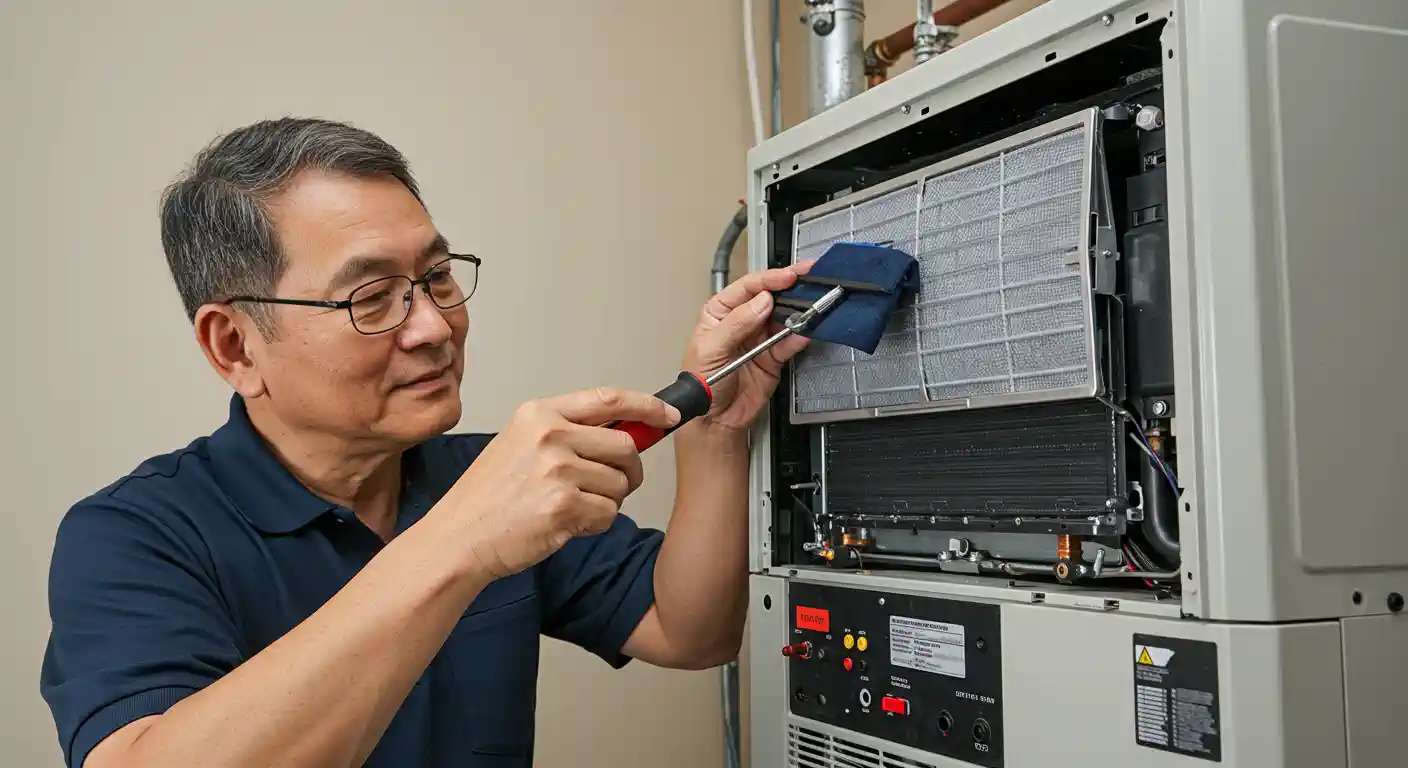 An Asian male technician wearing glasses and a navy blue polo shirt services an indoor HVAC unit. He uses a screwdriver and a blue cloth to carefully clean or adjust a mesh air filter inside the open panel of the machine. The unit features internal coils and a lower control panel with various buttons and labels. The background consists of a plain, light-colored wall and some copper piping, suggesting a residential or commercial utility space.