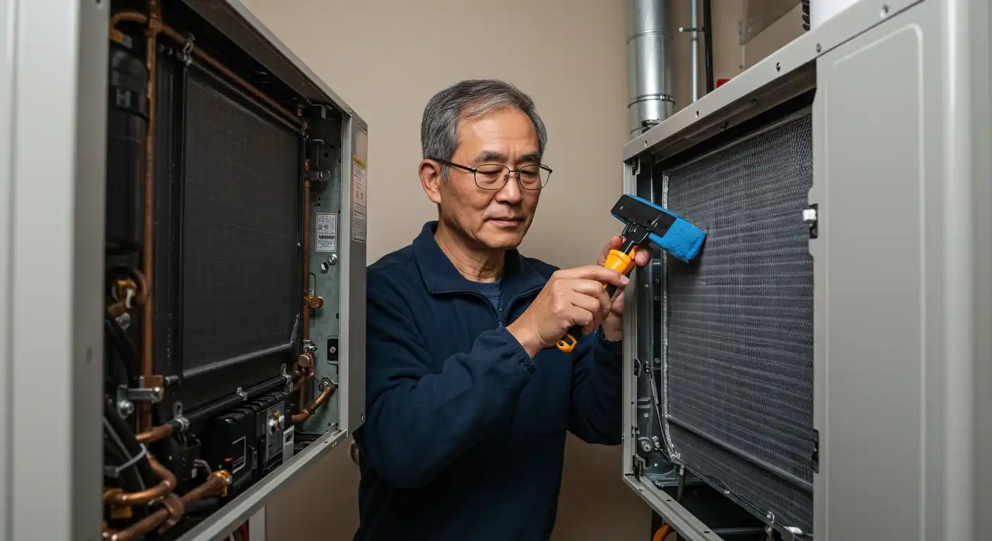 An Asian male technician with glasses and a navy jacket uses a blue brush with a yellow handle to clean the metal fins of an open HVAC unit. He is focused on the internal components of the machinery, which are exposed within a grey metal housing. To his left, another open panel reveals a complex arrangement of copper tubing and mechanical parts. The service is being performed in a clean, indoor setting with neutral-colored walls.
