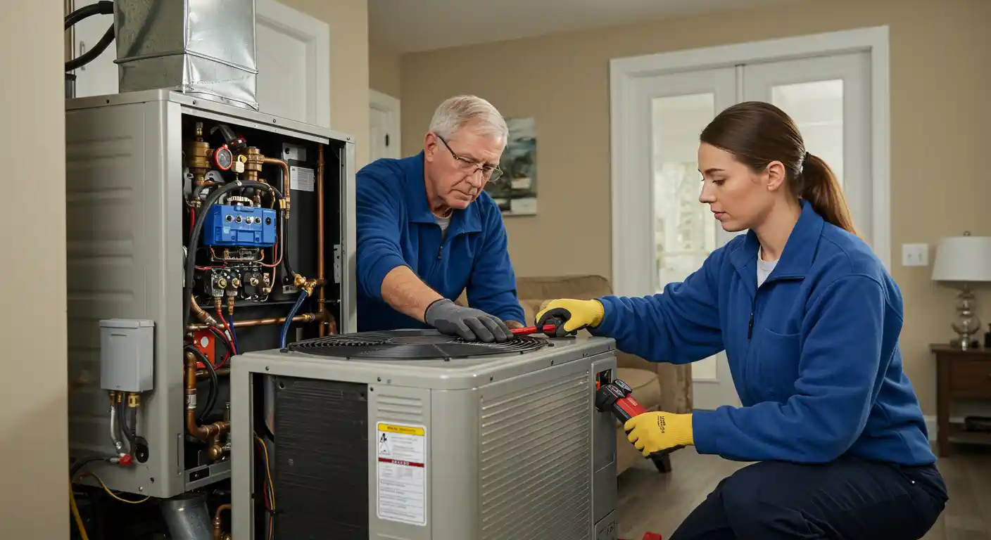 An older male technician with grey hair and a younger female technician with a ponytail, both in blue uniforms, perform maintenance on a residential HVAC system. They are focused on a grey outdoor condenser unit placed inside a living area for demonstration. The woman, wearing yellow gloves, uses a tool on the side panel while the man inspects the top fan. Behind them, an open indoor air handler unit reveals complex copper piping and a blue component.