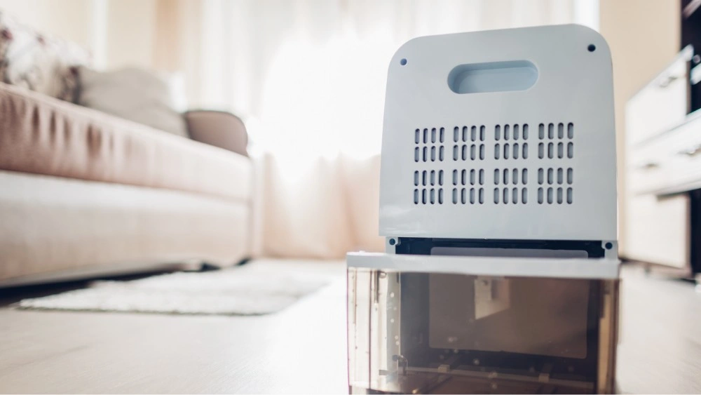 Portable dehumidifier sitting on living floor.