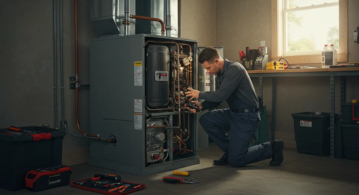 A technician in a grey long-sleeve shirt and black gloves kneels, using tools to work on the internal components of a furnace in a garage.