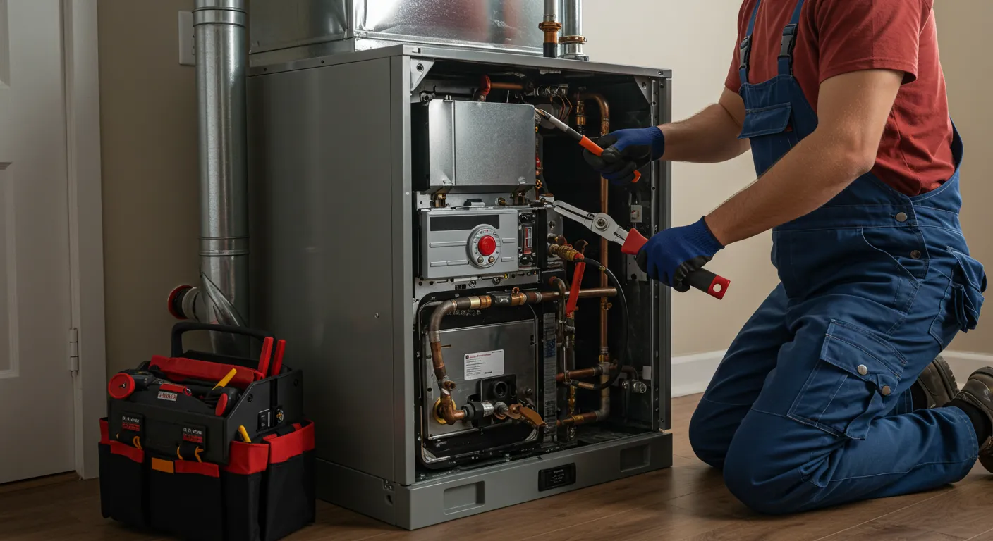 A technician in blue overalls and blue gloves kneels, using pliers to work on the copper piping inside an open furnace.