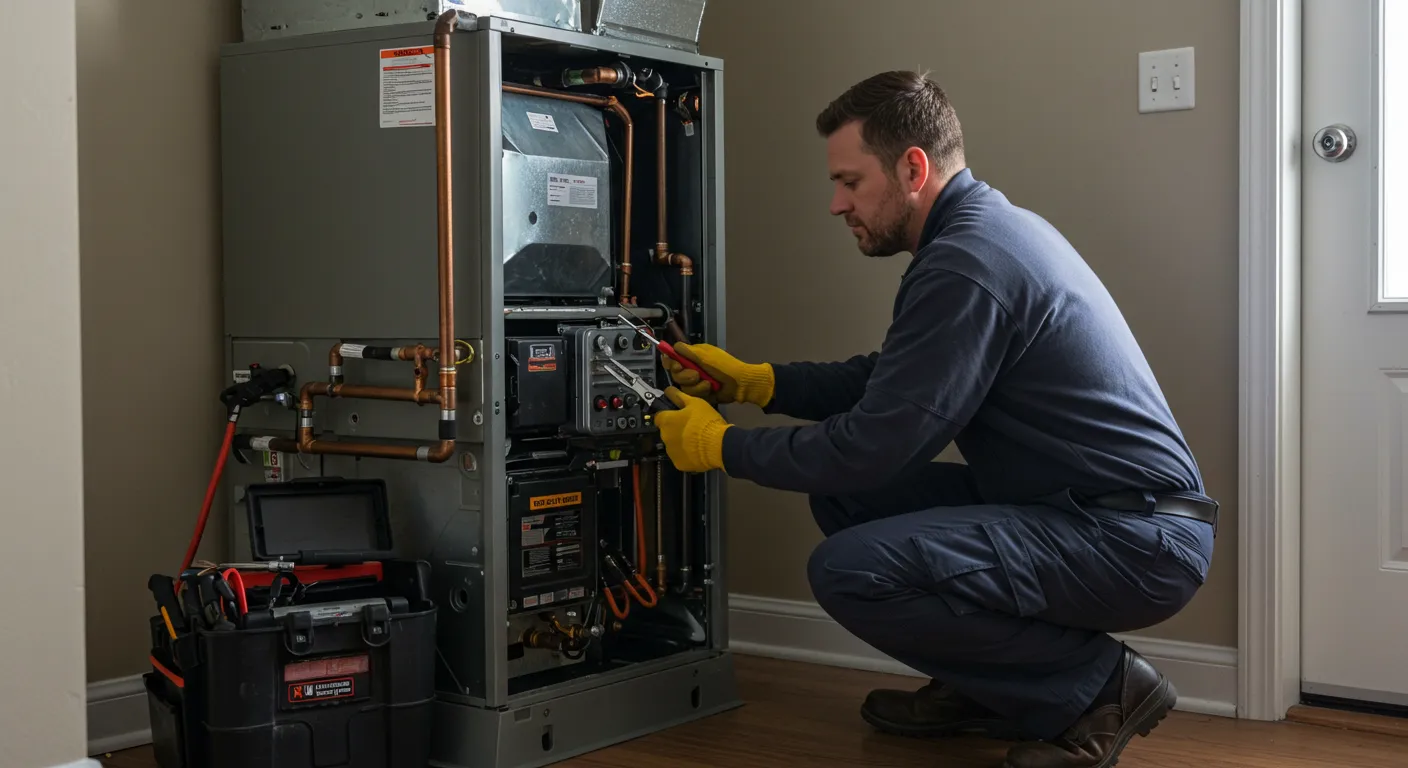 A technician in blue overalls and yellow gloves kneels, using a wrench and pliers to work on the piping of a furnace.