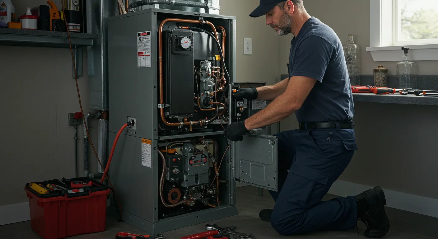 A technician in a blue polo and black gloves kneels, holding open the access door to the lower part of a furnace to perform maintenance.